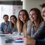 A group of young professionals in an office setting gathered around a table laughing together during their team meeting or training session.