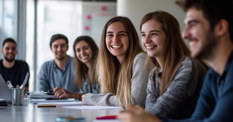 A group of young professionals in an office setting gathered around a table laughing together during their team meeting or training session.